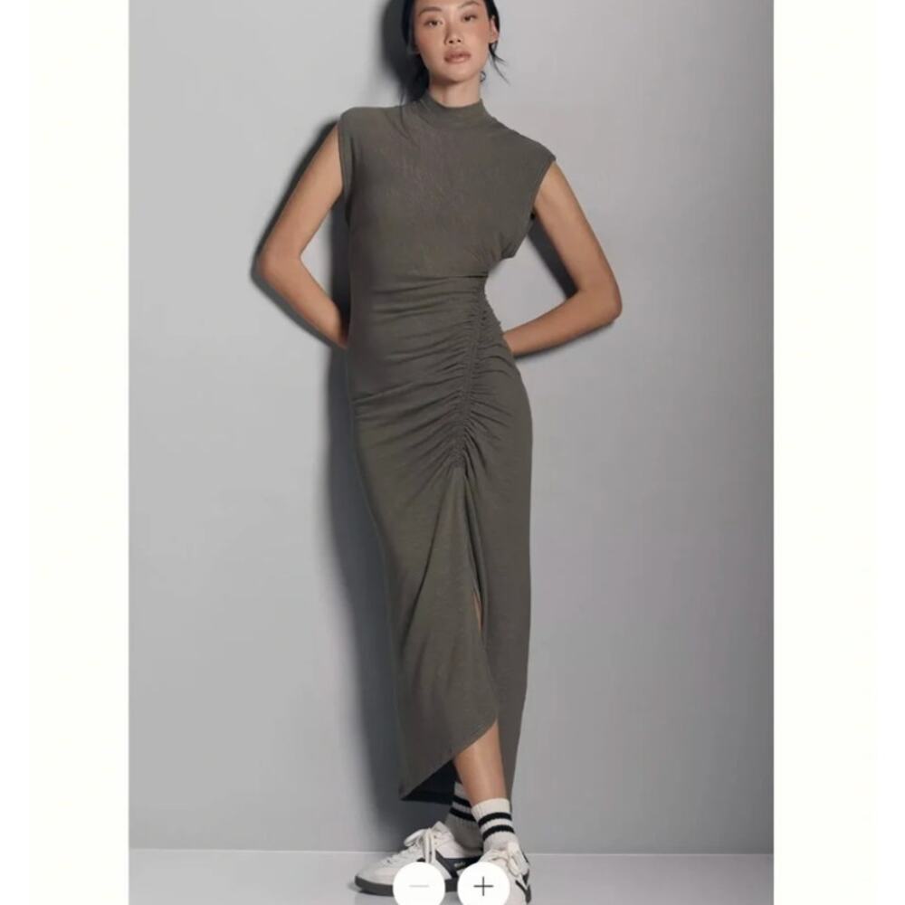 Anthropologie Daily Practice Olive Ruched Mock Neck Maxi Dress Size S - Picture 7 of 7